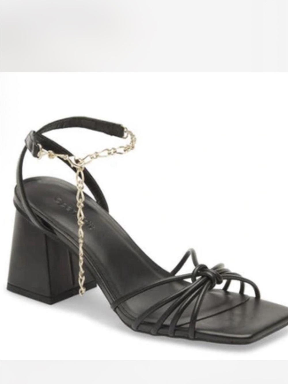 Black Knotted Strappy Block Heel Sandals with Gold Chain Ankle Strap